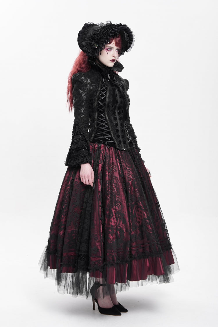 Black Lapel Collar Long Trumpet Sleeves Ruffle Lace-Up Zipper Women's Gothic Jacket