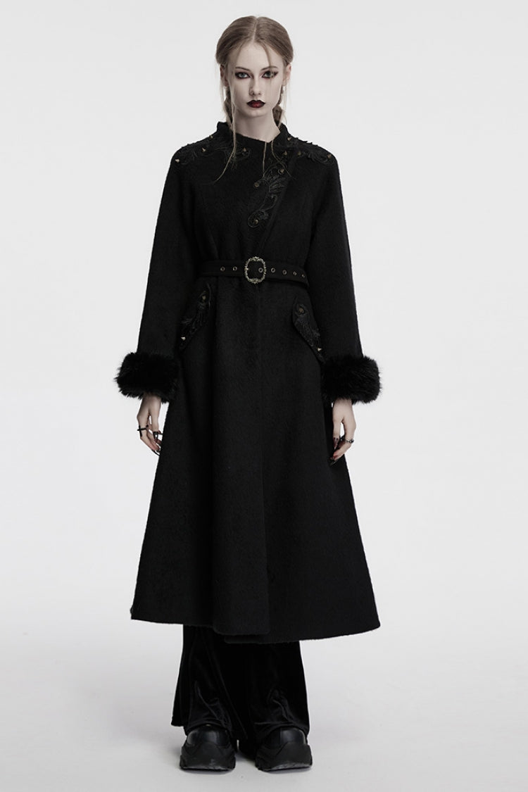 Black Long Sleeves Studded Floral Embroidery Faux Fur Stitching Women's Gothic Coat