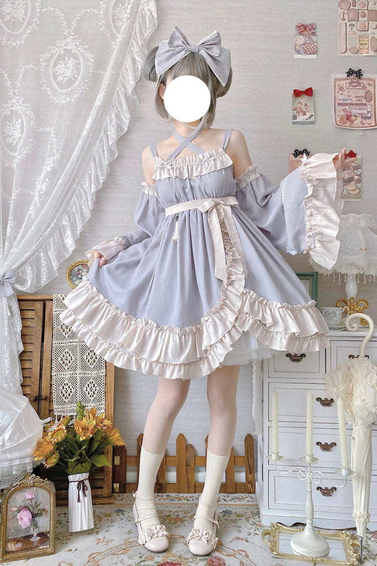 Grey [Monet Estate] Sleeveless High Waisted Ruffle Bowknot Asymmetric Sweet Lolita Jsk Dress