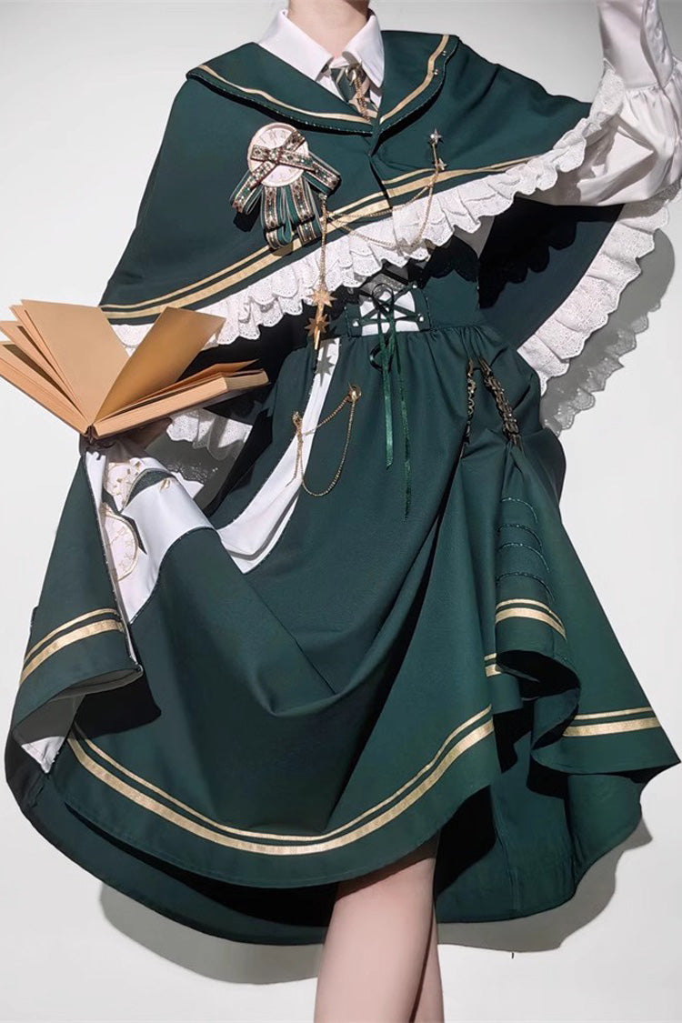 Green Time Traveler Print College Style Sweet Lolita Strap Dress 4 Piece Set