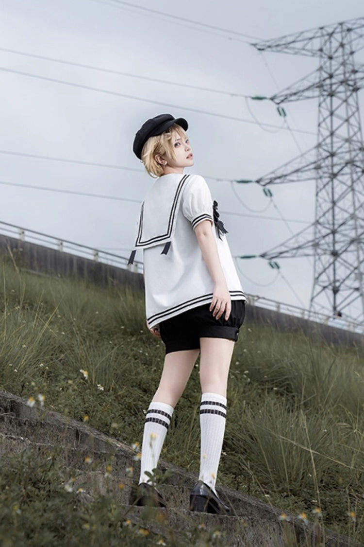 Black/White [Old Stories] Navy Collar Short Sleeves Bowknot Ouji Gothic Lolita Blouse Shorts Set