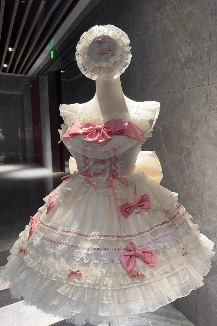 Apricot/Pink [Prelude to Spring Song] Sleeveless Multi-Layered Ruffle Bowknot Lace Sweet Princess Ballet Lolita Jsk Dress