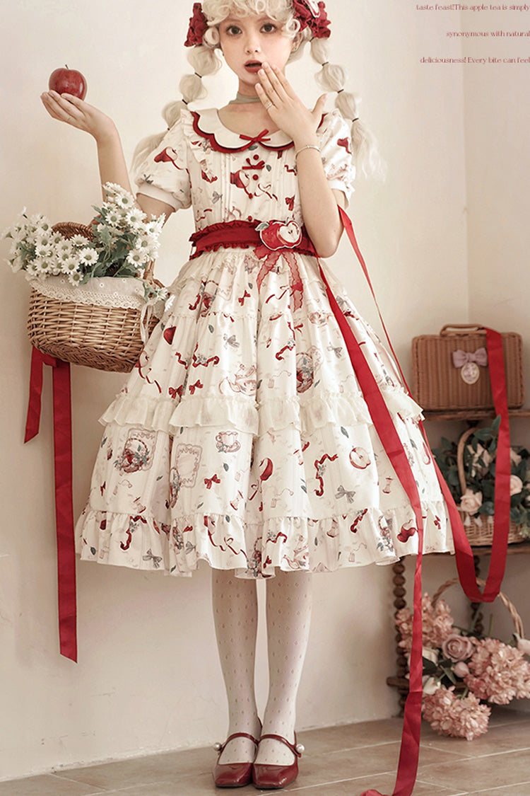 White Apple Tea Print Short Sleeves Country Style Ruffle Bowknot Sweet Lolita Dress