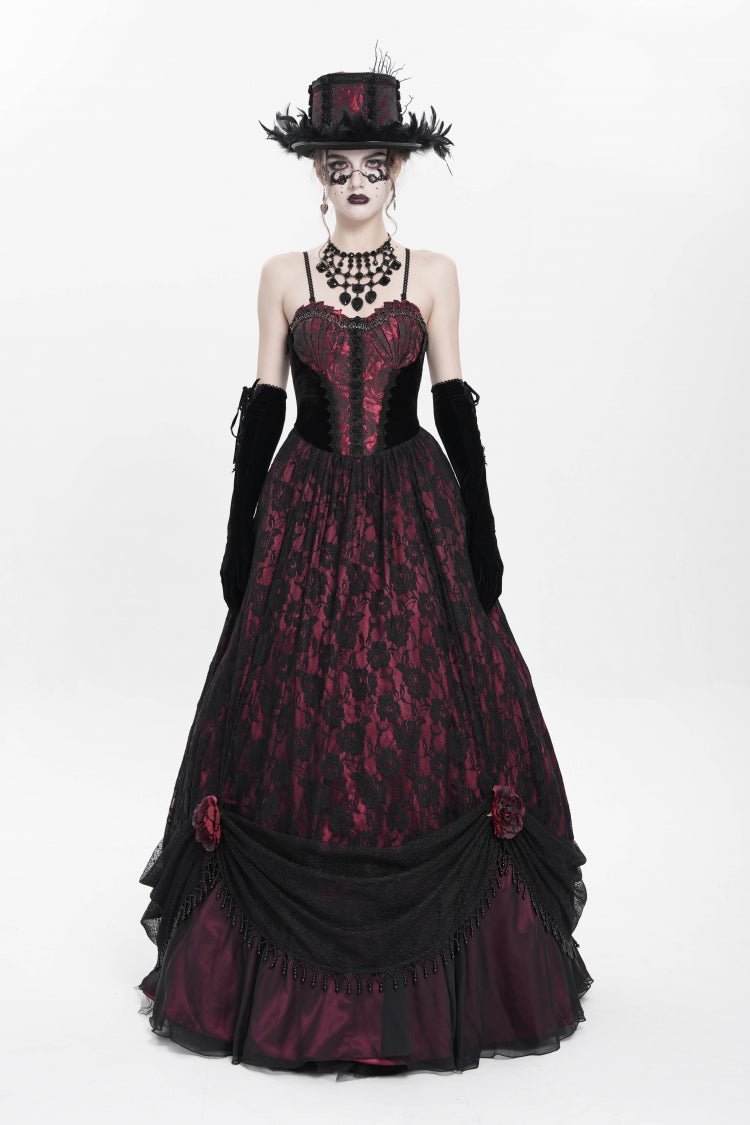 Red Jacquard Embroidery Floral Beaded Women's Gothic Long Slip Dress