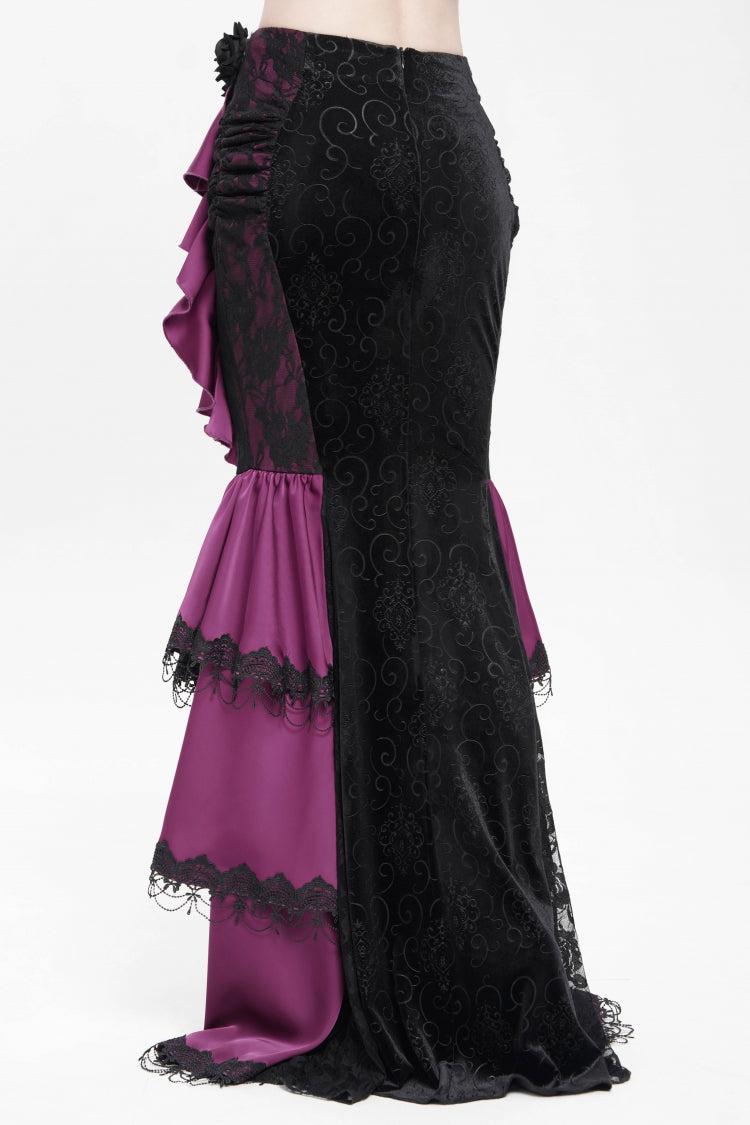 Purple Floral Print Lace-Up Rose Chain Women's Gothic Fishtail Skirt