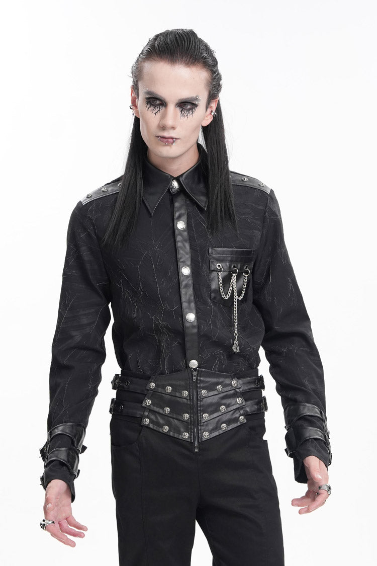 Black Lapel Collar Long Sleeves Buckle Chain Men's Gothic Blouse