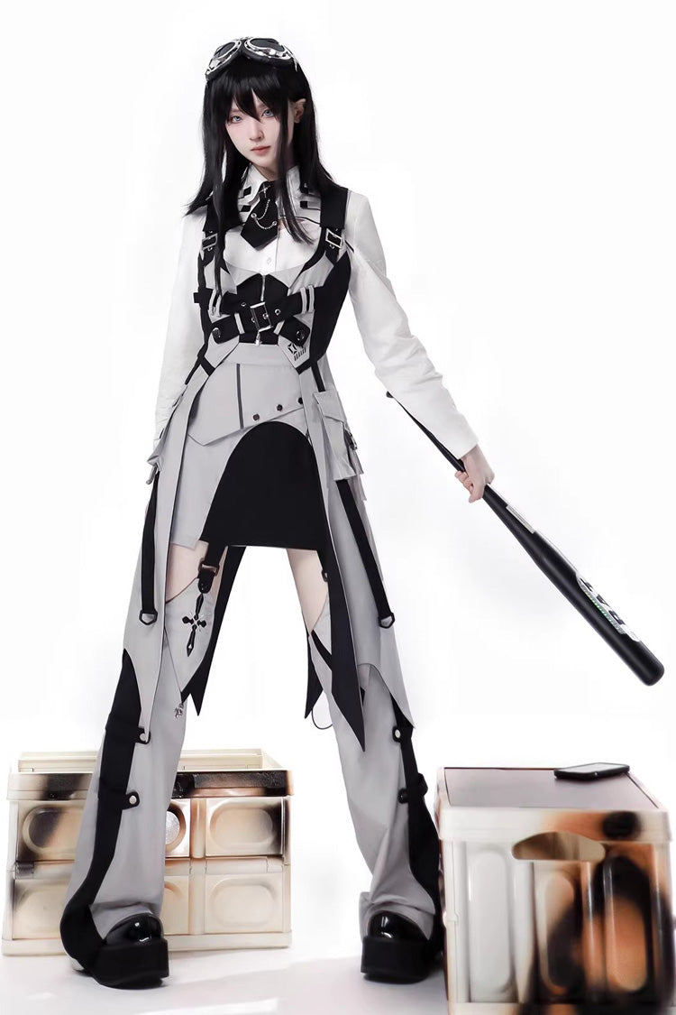 Black/White Long Sleeves Color Matching Handsome Sci-fi Lolita Skirt Set