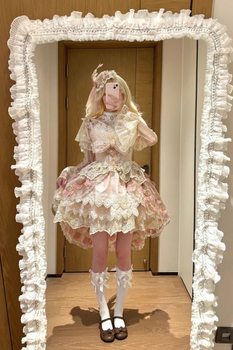 Pink [Peacock Feather] Multi-Layered Ruffle Hanayome Cardigan Bowknot Lace Sweet Lolita Jsk Dress Set