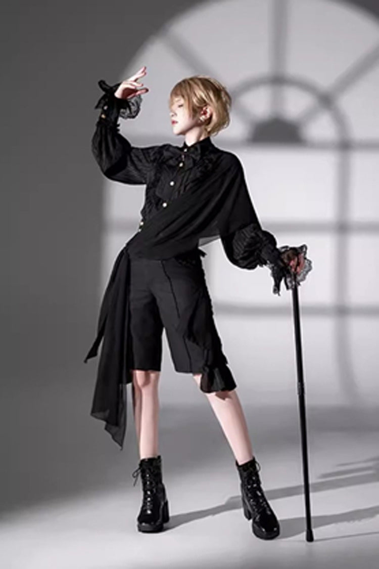 Black [Eternal City] Long Sleeves Lace Gothic Prince Medieval Ouji Lolita Blouse Knee-Length Shorts Set