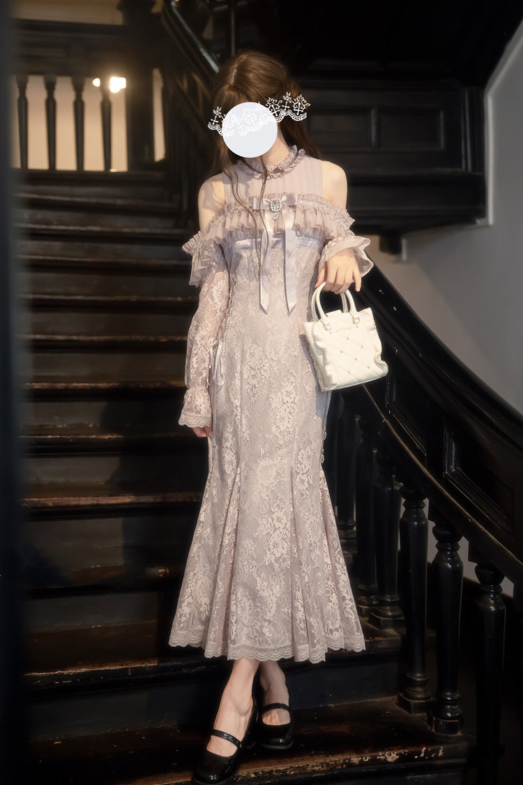 Purple [Wisteria Shadows] Off Shoulder Halterneck Long Sleeves Cut-Out Bow Lace Japanese Elegant Lolita Mermaid Dress