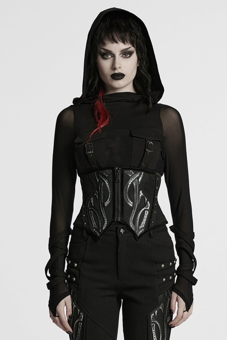 Black Irregular Mesh Zipper Women's Punk Underbust Corset