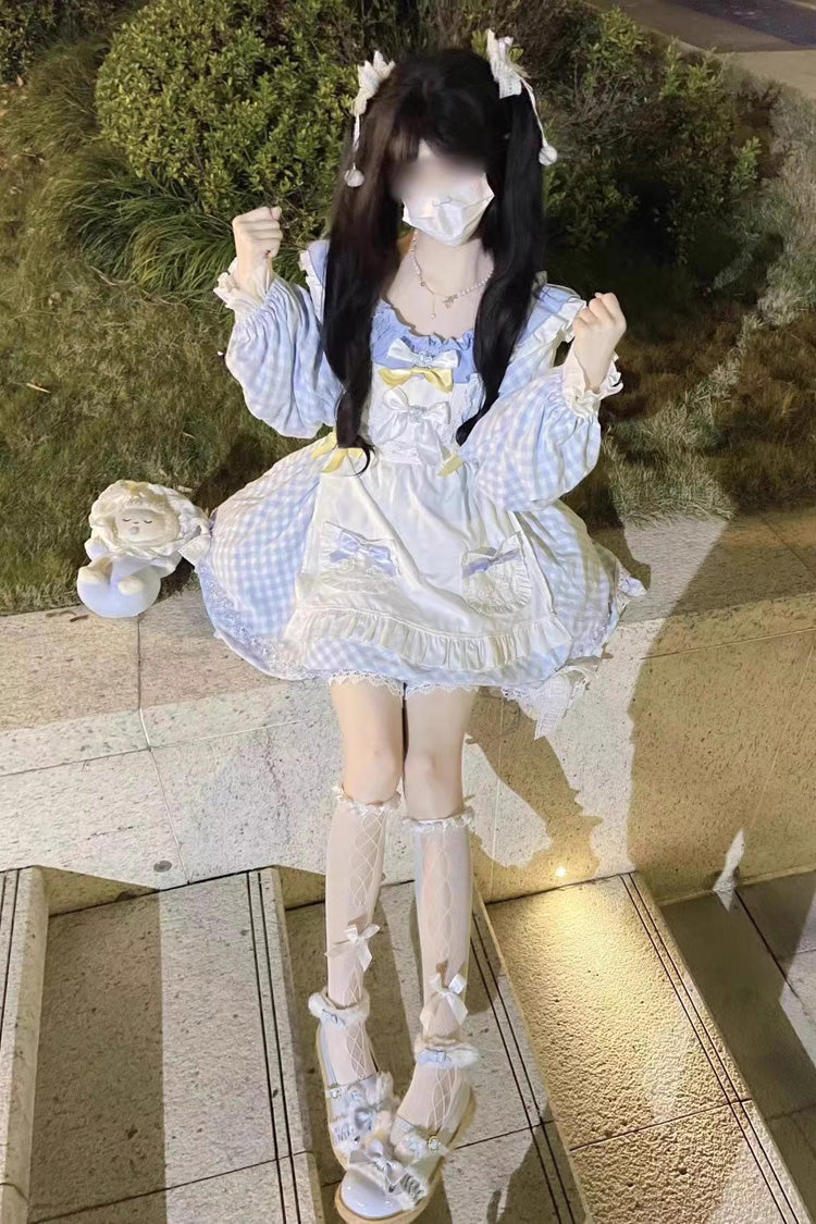 Blue Plaid Print Long Sleeves Bowknot Lace Sweet Lolita Dress