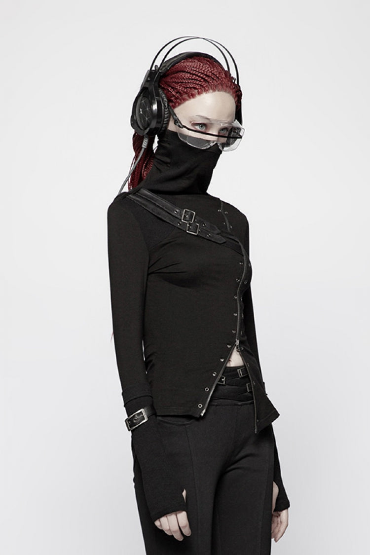 Black High Collar Long Sleeves Zipper Leather Buckle Women's Steampunk T-Shirt