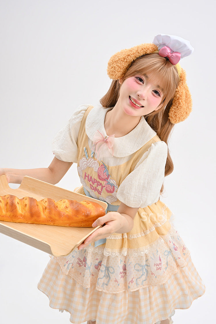 Yellow [Happy Day] Short Sleeves Triple-Layered Print Bowknot Lace Sweet Princess Lolita Dress