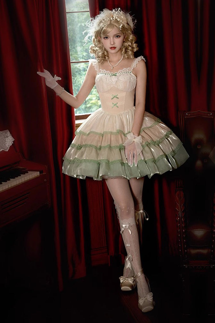 Ivory/Green Glass Dream Multi-layer Ruffle Fish Bone Sweet Lolita Jsk Dress