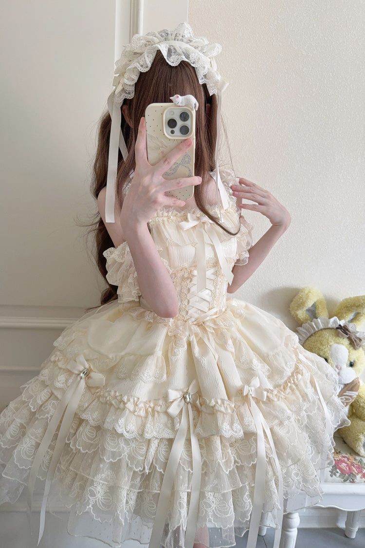 Apricot [Ribbon Heart Love] Sleeveless Multi-Layered Ruffle Bowknot Lace Lace-Up Sweet Princess Ballet Lolita Jsk Dress