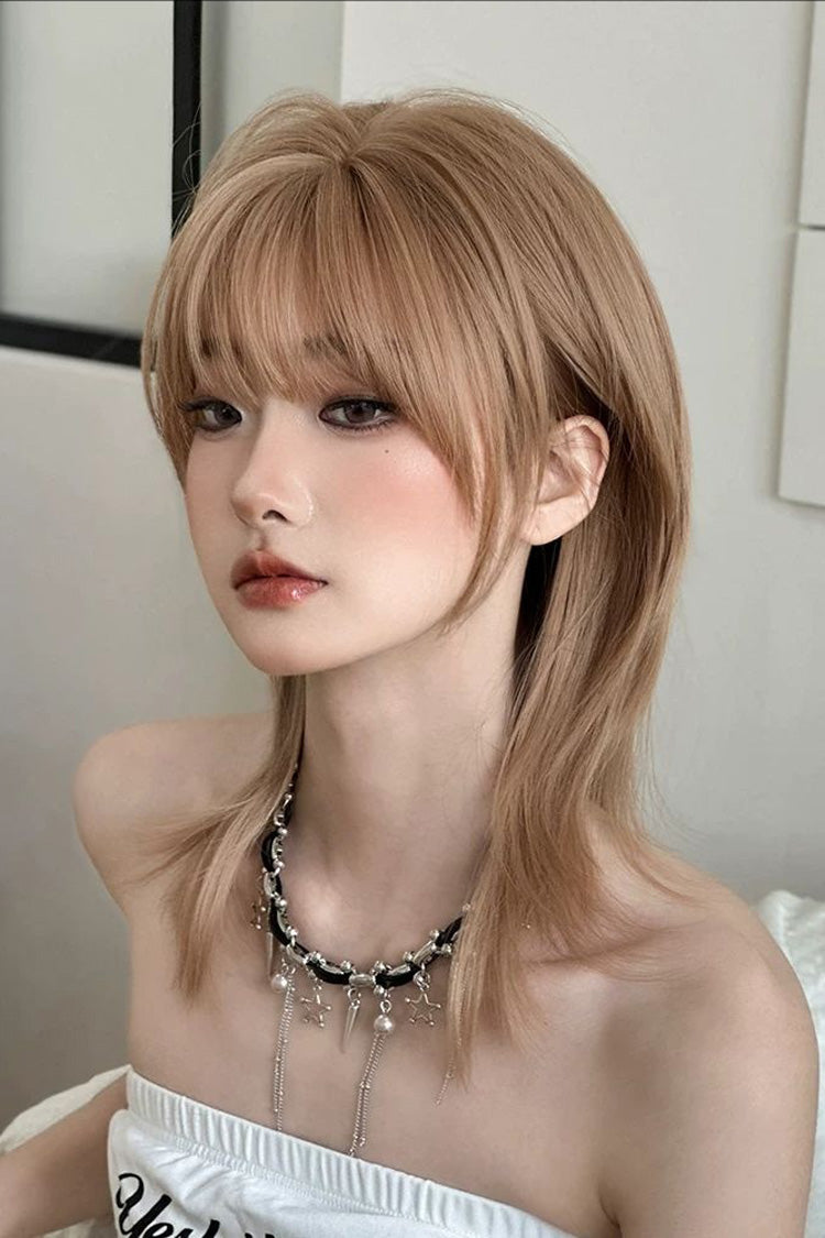 Kastanienbraune Leinen-Wolfsschnitt-Sweet-Lolita-Perücke im Samurai-Stil mit Schlüsselbeinlänge