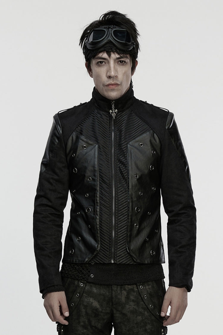 Black Stand Collar Long Sleeves Stitching Zipper Eyelet Men's Punk Jacket