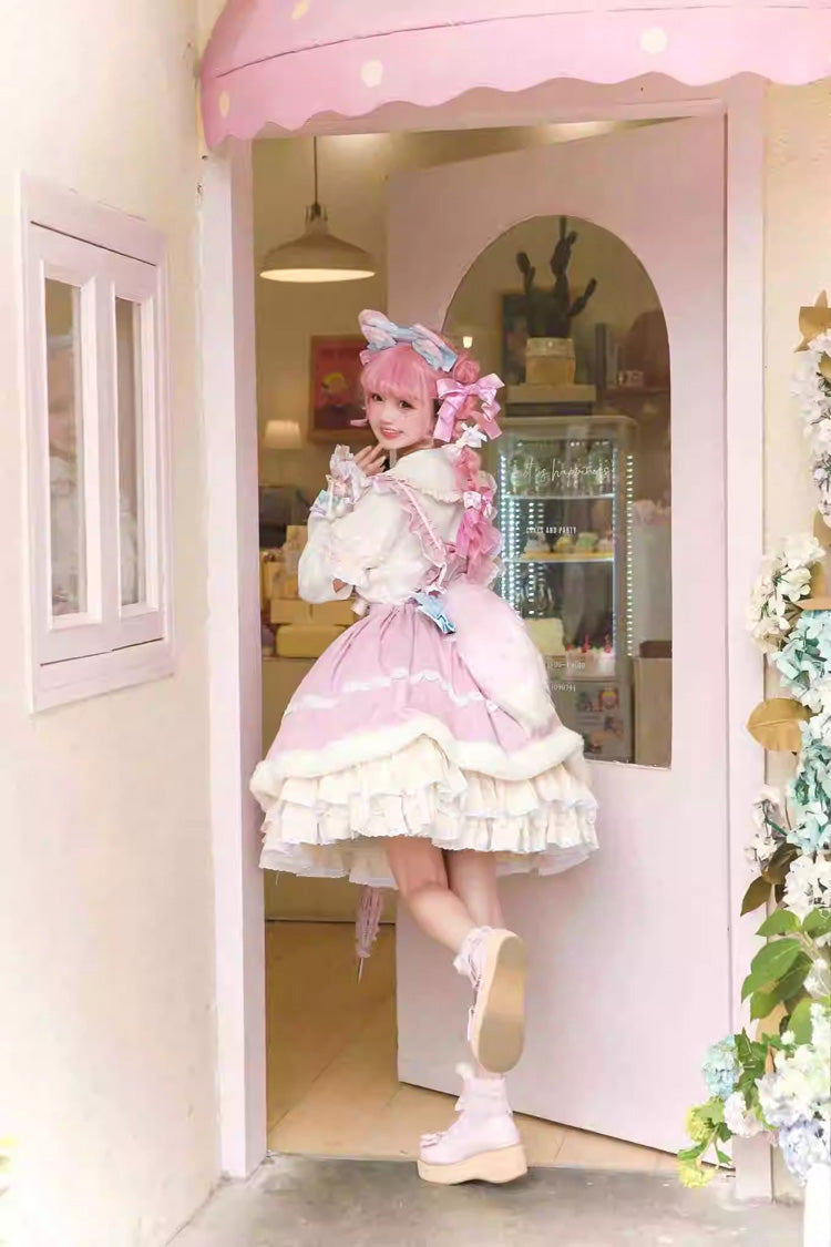 White/Pink Little Fox Multi-layer Ruffle Bowknot Long Sleeves Sweet Lolita Dress