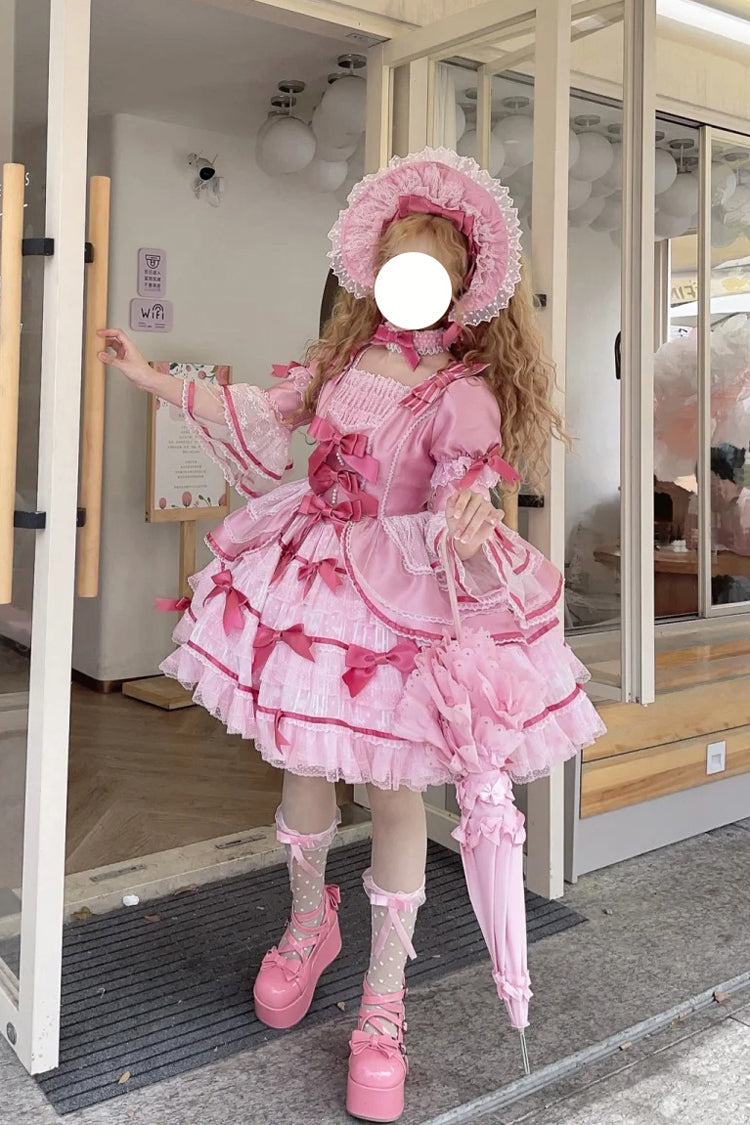Pink [Velvet Cake] Long Trumpet Sleeves Multi-Layered Ruffle Bowknot Lace Sweet Lolita Dress