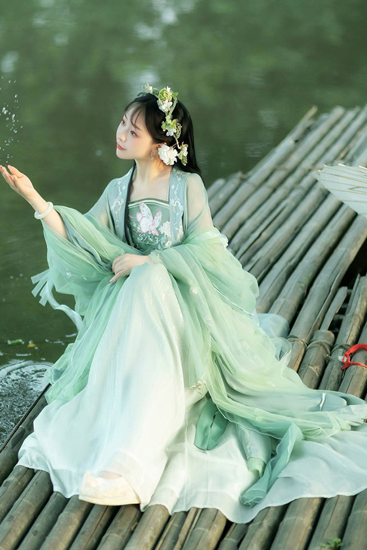 long sleeve chinese dress Original Han Elements Ancient Double Layer Sleeves Sweet Hanfu Full Set – LolitaInside V Neck Maxi Dress wedding party Qipao rapunzel costume adult Color:Night Blue/Mint
