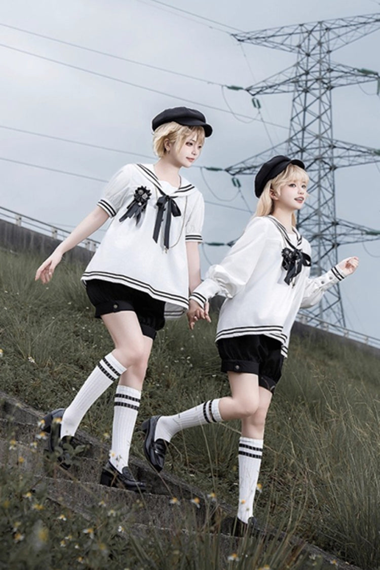 Black/White [Old Stories] Navy Collar Short Sleeves Bowknot Ouji Gothic Lolita Blouse Shorts Set