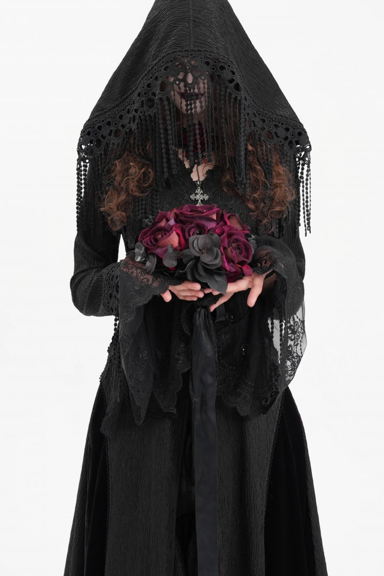 Black Buckle-up Tassels Hooded Women's Gothic Coat