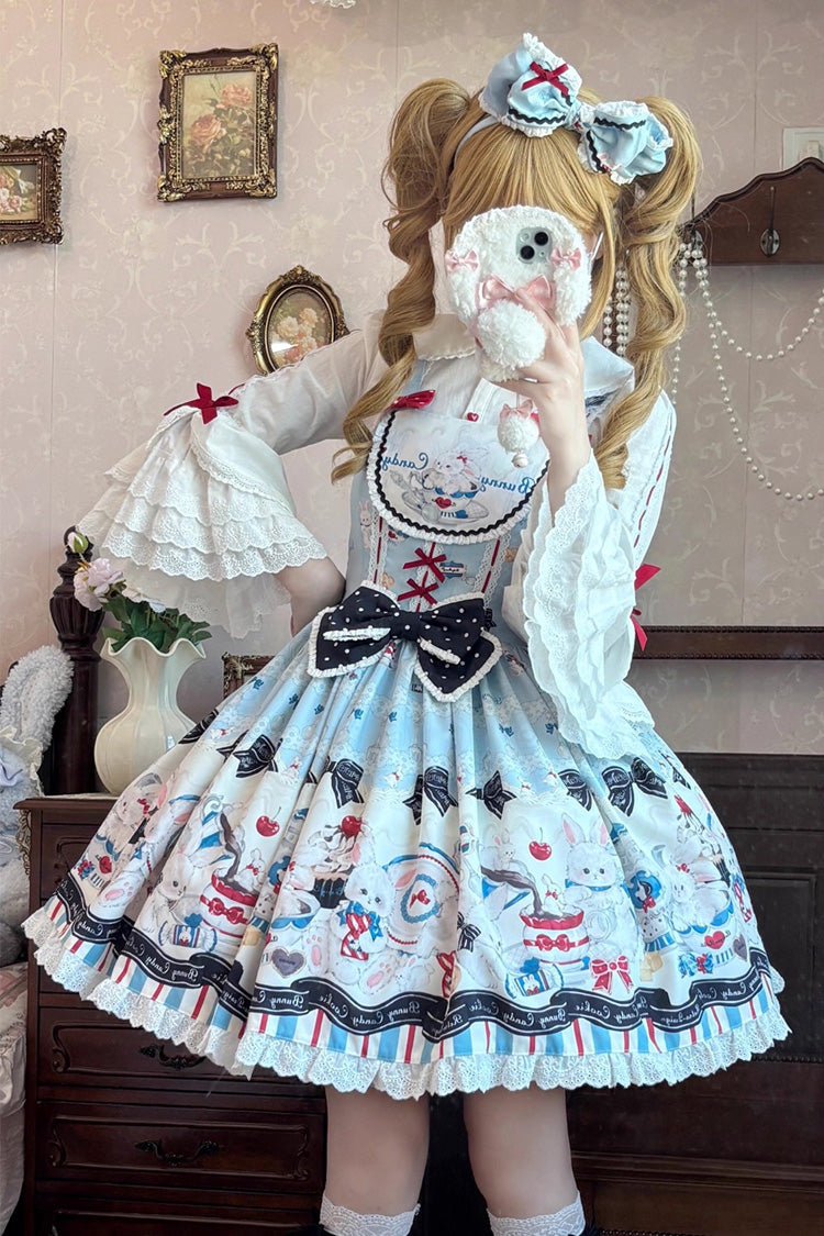 Blue [Mystery Rabbit Tea Party] Sleeveless Print Ruffle Bowknot Lace Sweet Lolita Jsk Dress