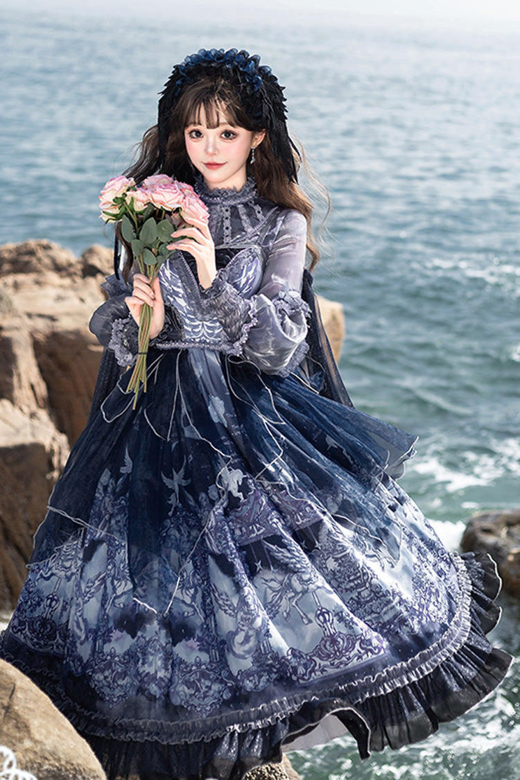 Blue [Angel Garden] Print Ruffle Bowknot Asymmetric Classic Elegant Lolita Jsk Dress