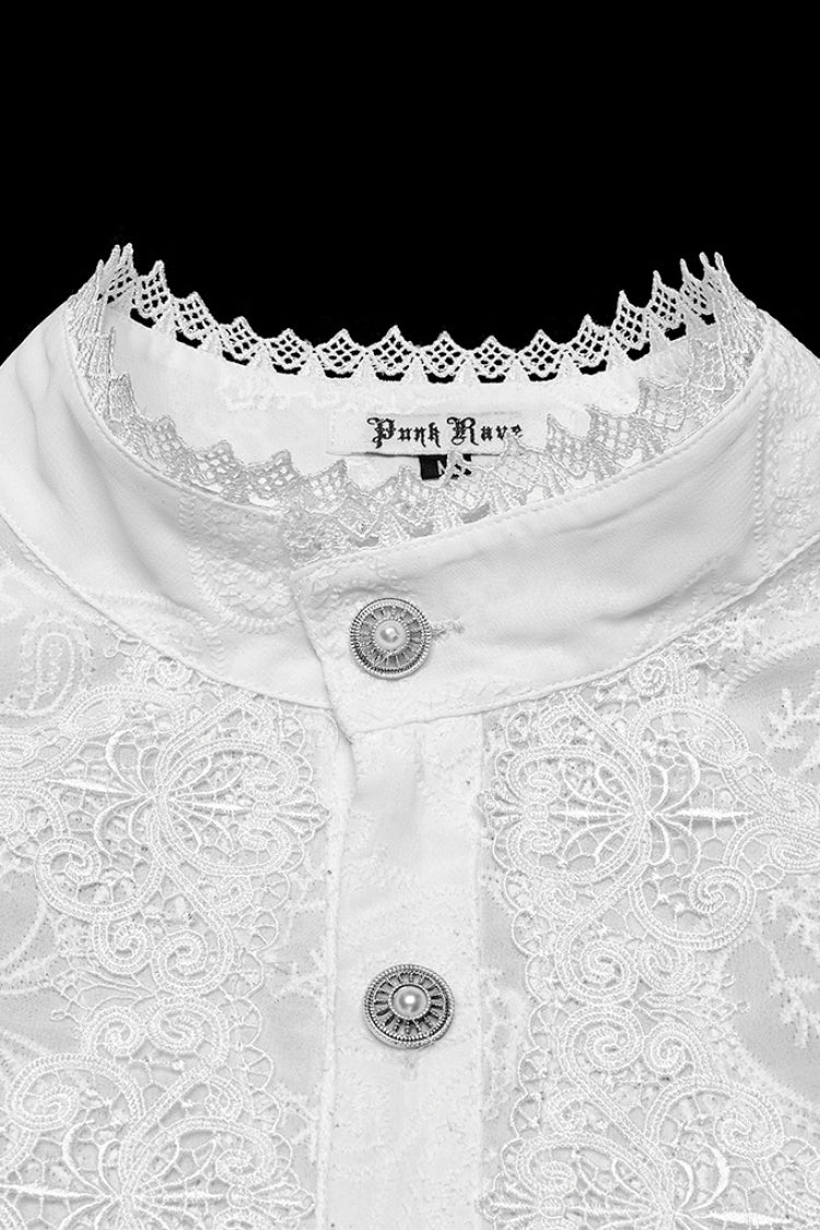 White Stand Collar Long Sleeves Ruffle Embroidery Men's Gothic Blouse