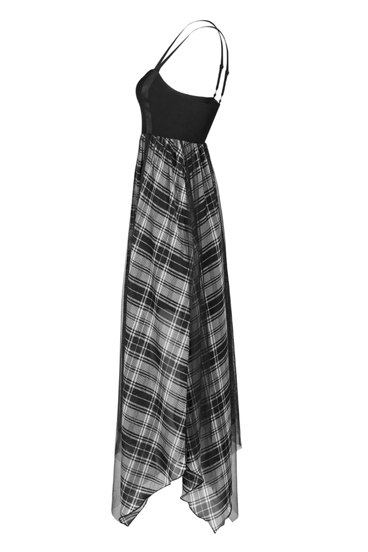 Black Metal Eyelets Shoulder Strap Irregular Hem Plaid Long Chiffon Women's Punk Slip Dress