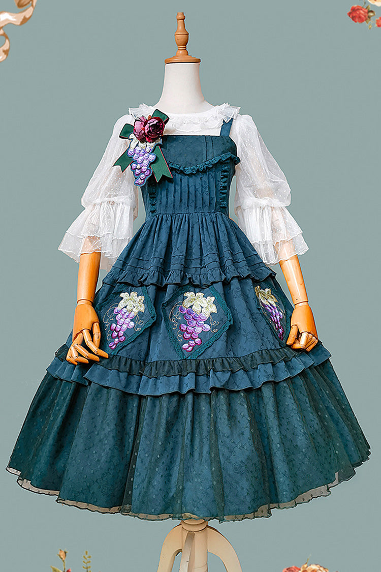 Green [Vineyard] Sleeveless Jacquard Print Ruffle Embroidery Sweet Lolita Jsk Dress