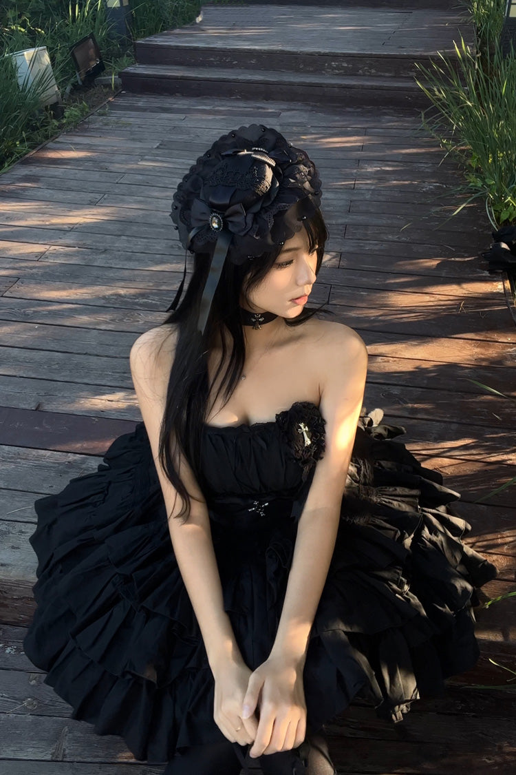 Black Sleeveless Triple-Layered Ruffle Bowknot Lace Gothic Princess Lolita Dress