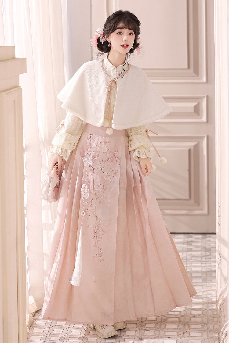 ピンク【桜降る】スタンドカラー長袖ハイウエストジャガードプリントレディース甘服漢服ドレスセット