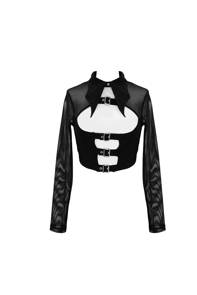 Black Bat Collar Splice Mesh Long Sleeve Chest Hasp Short Women's Punk T-Shirt