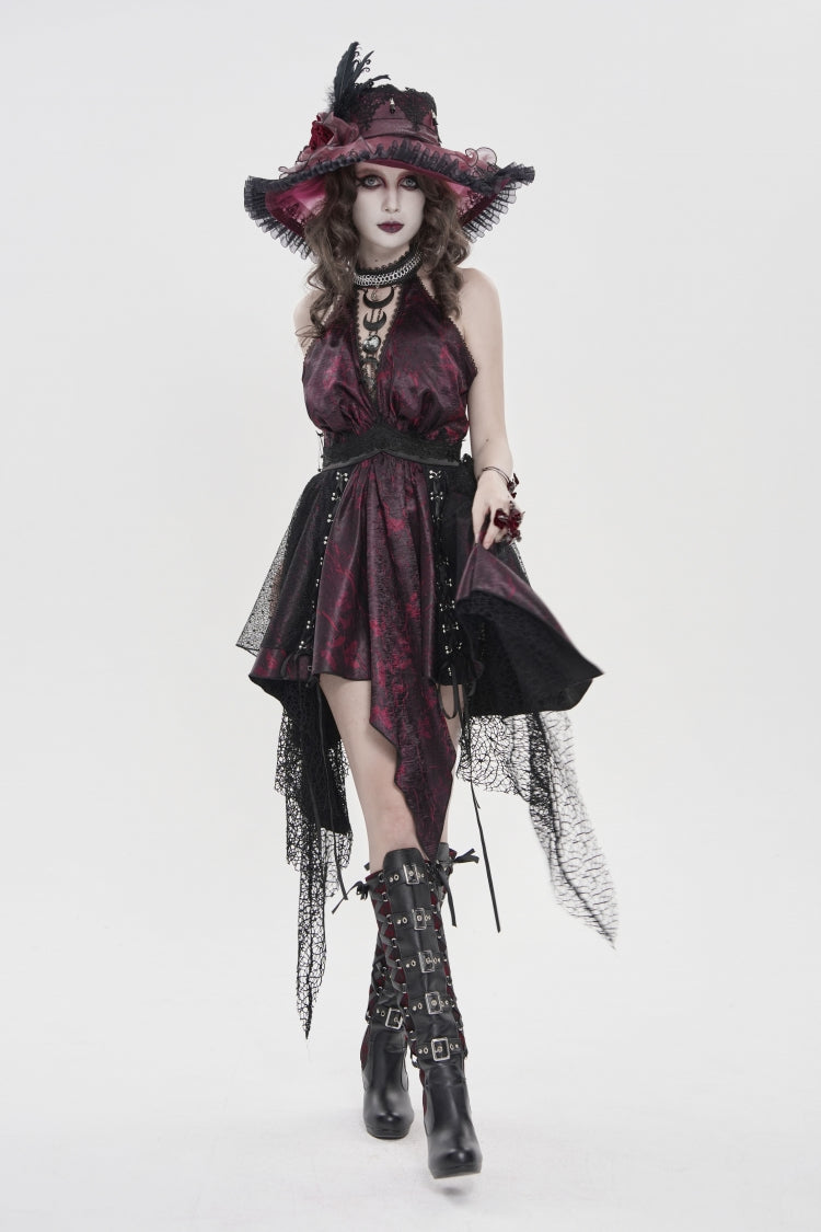 Black/Red Off Shoulder Sleeveless Multi-Layered Printed Lace Irregular Tassels Women's Gothic Dress
