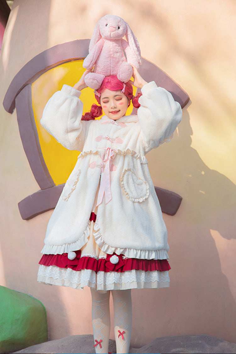 Ivory Long Ears Rabbit Ruffle Bowknot Hooded Daily Sweet Lolita Coat