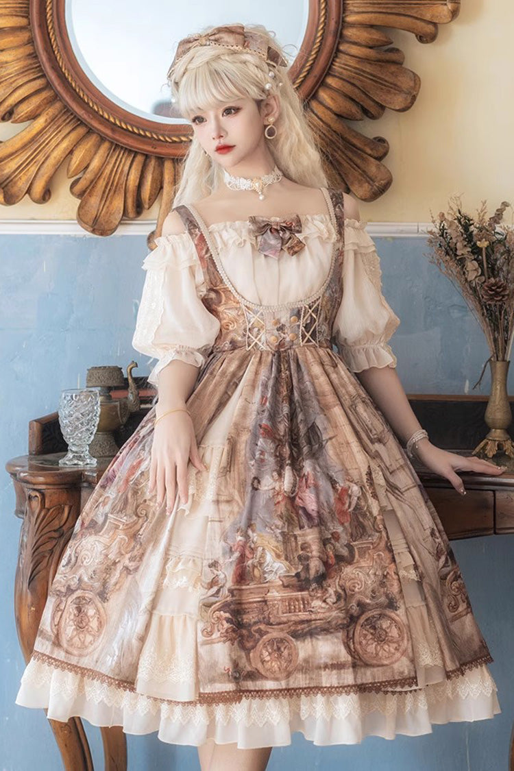 Brown [Cloria] Oil Painting Print Bowknot Lace Sweet Elegant Palace Lolita Jsk Dress