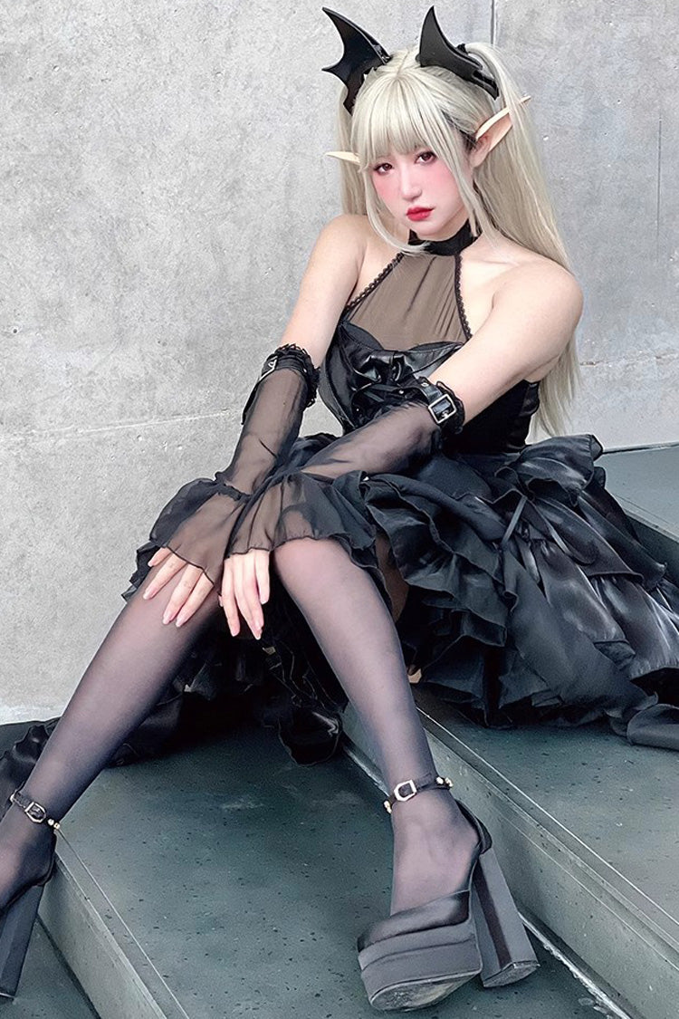 Pure Black Little Devil Sexy Princess Slim Gothic Lolita Strapless Tiered Dress