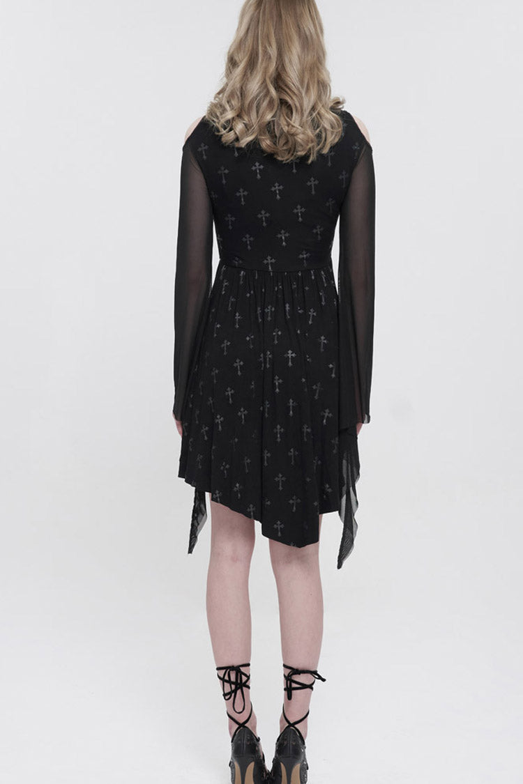 Black Sleeves Cross Print Embroidered And Beaded Neckline Stretch-Mesh Flared Women's Gothic Dress