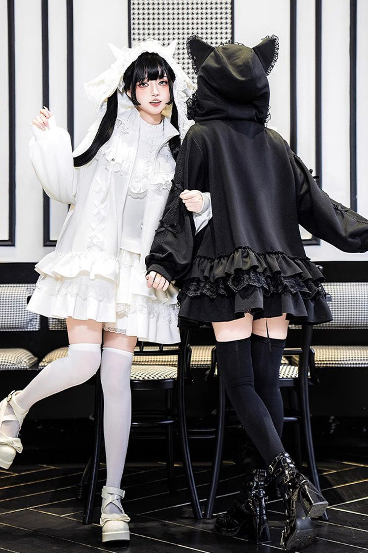 Black Long Sleeves Ruffle Zipper Sweet Handsome Lolita Sweatshirt Coat
