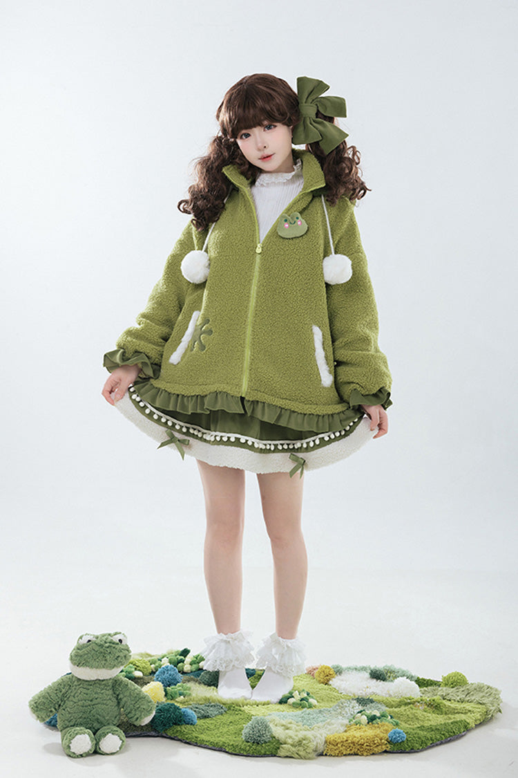 Green [Frog] Long Sleeves Bowknot Hooded Sweet Lolita Coat