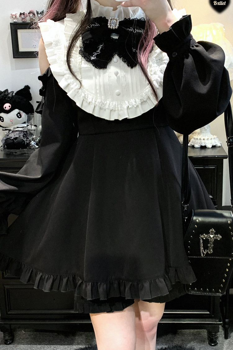 Black/White [Rose Princess] Off Shoulder Long Sleeves Ruffle Bowknot Gothic Jirai Kei Dress
