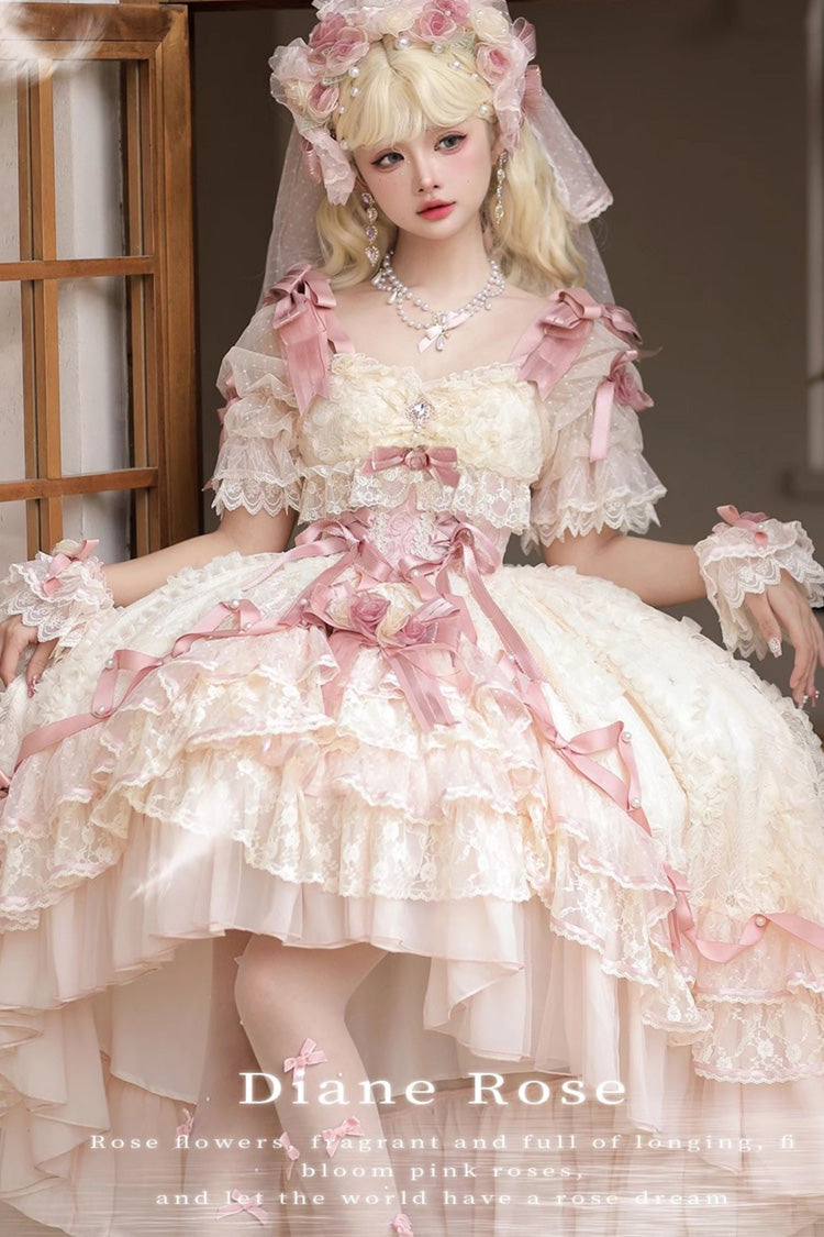 Pink [Diane Rose] Short Sleeves Multi-Layered Jacquard Ruffle Hanayome Cardigan Bowknot Lace Sweet Lolita Dress