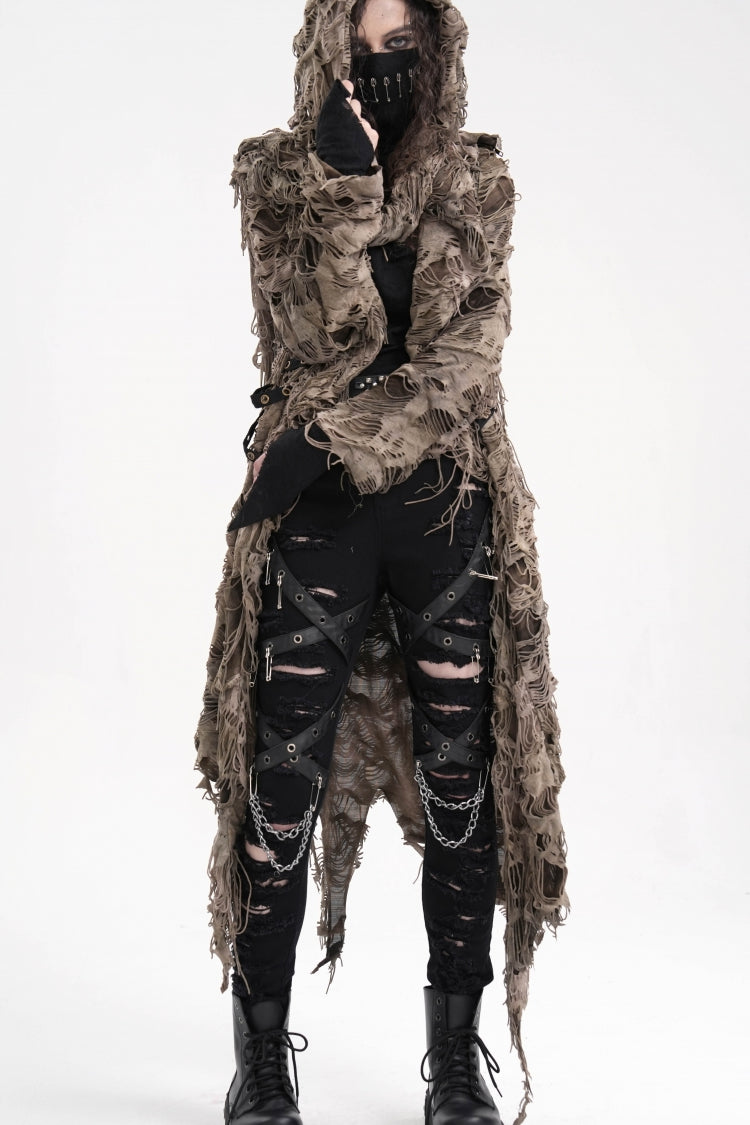 Brauner Punk-Umhang mit Kapuze und langen Ärmeln für Damen mit Ösen und Reißverschluss