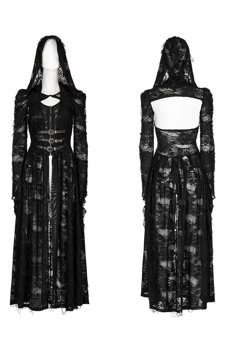 Black Two-piece Knit Ripped Hooded Womens Gothic Coat