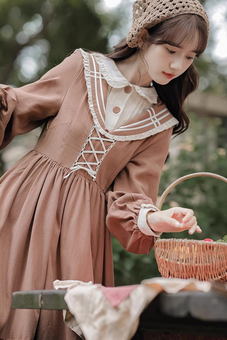 Brown Long Sleeves Multi-layer Ruffle Two Fake Pieces Sweet Lolita Dress