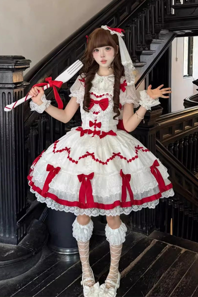 赤/白 [スカーレットハートココア] ノースリーブ トリプルレイヤー フリル 刺繍 リボン レース スイートロリータ ジャンパースカート ドレス 