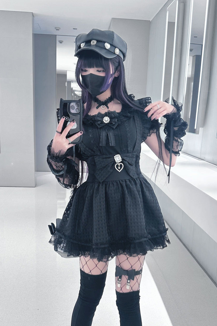 Black Ruffle Hollow Bowknot Lace Jirai Kei Japanese Skirt