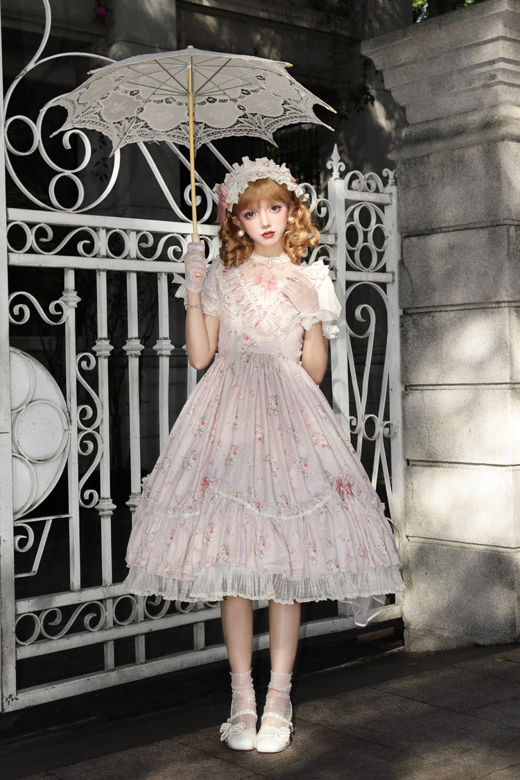 [Daydream Rose] Kurzärmliges Kleid mit Blumen-Jacquard-Print, Rüschenstickerei, Schleifenknoten, Sweet Lolita, in 3 Farben 